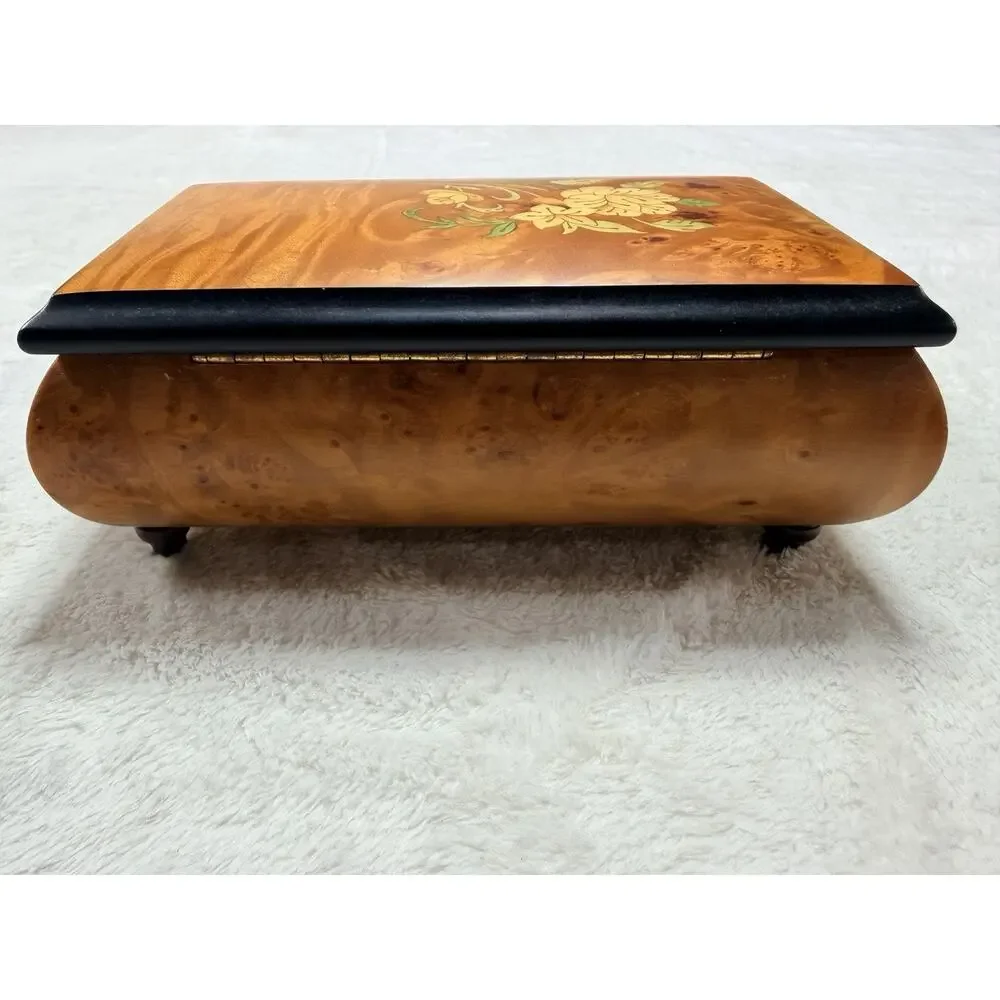 Sorrento Italian Inlaid Wood Music Box Rose Marquetry Arrivederci Roma EUC